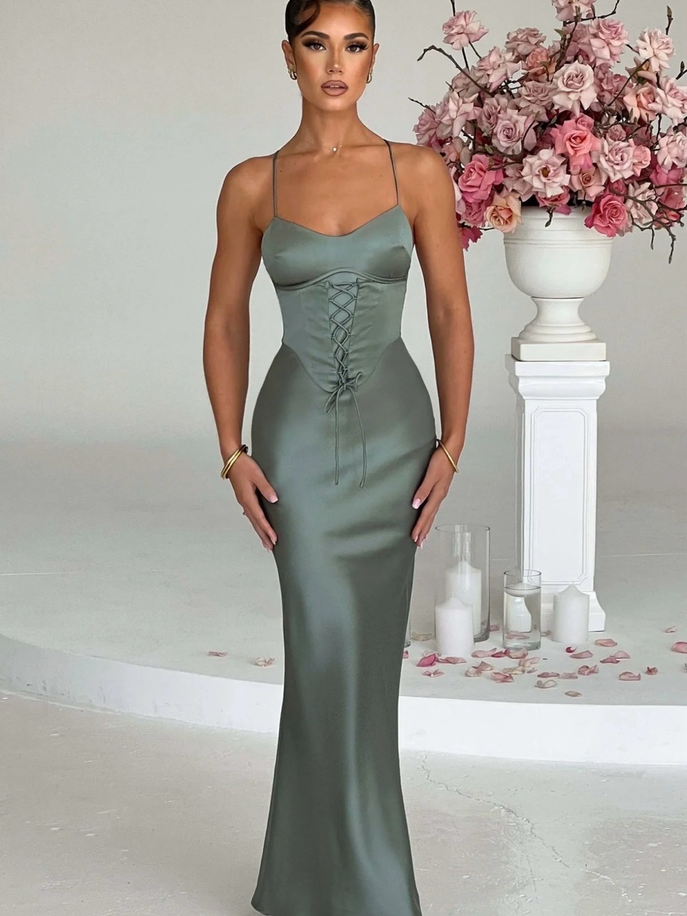Baby boo Satin Lace-Up Corset Maxi Dress in Sage Green